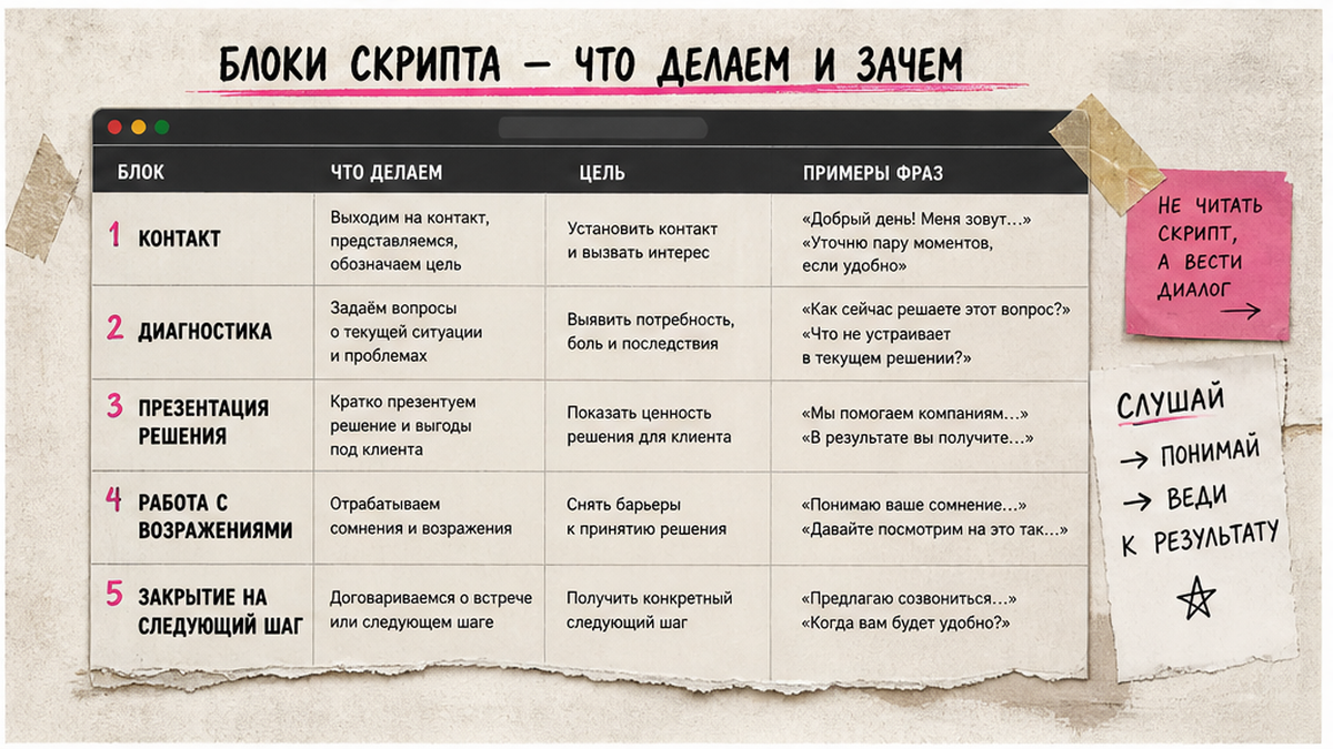 Таблица: структура скрипта из 5 блоков