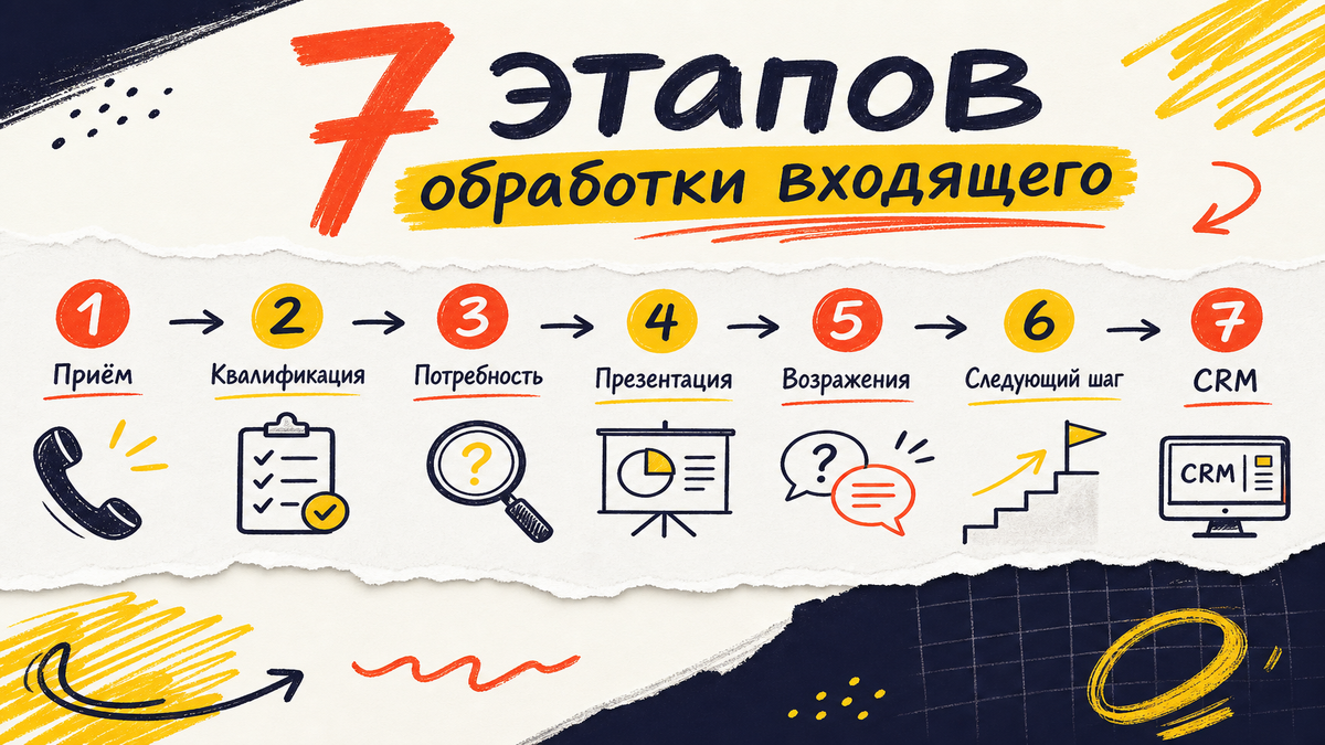 Схема: 7 этапов обработки входящего звонка в продажах