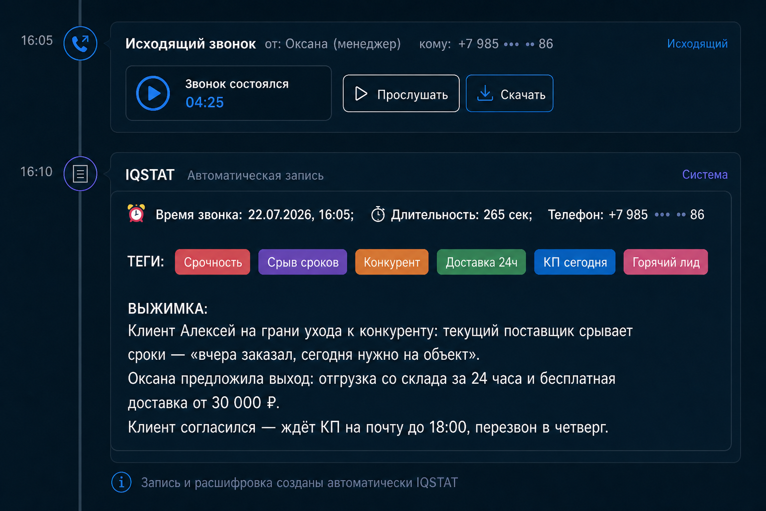 Лента amoCRM: теги Срочность и Конкурент, выжимка с болью клиента и решением