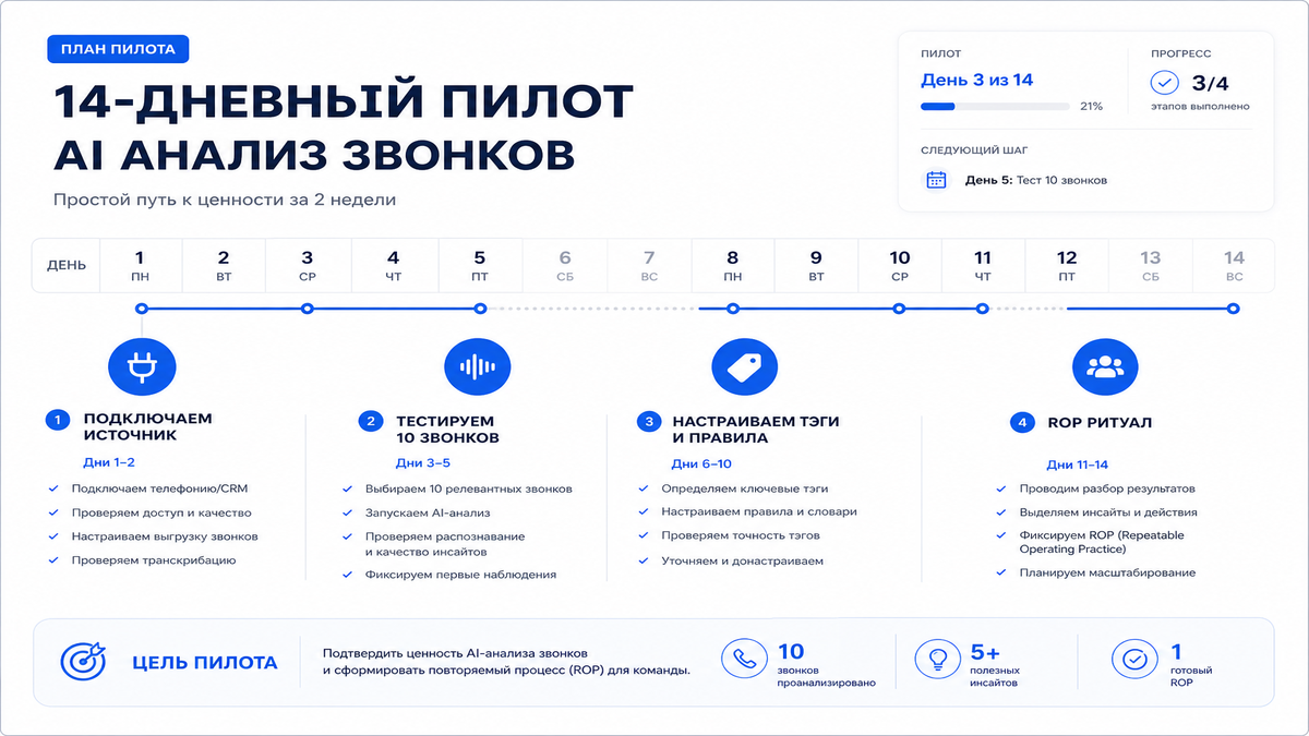 План пилота нейросети для анализа звонков на 14 дней