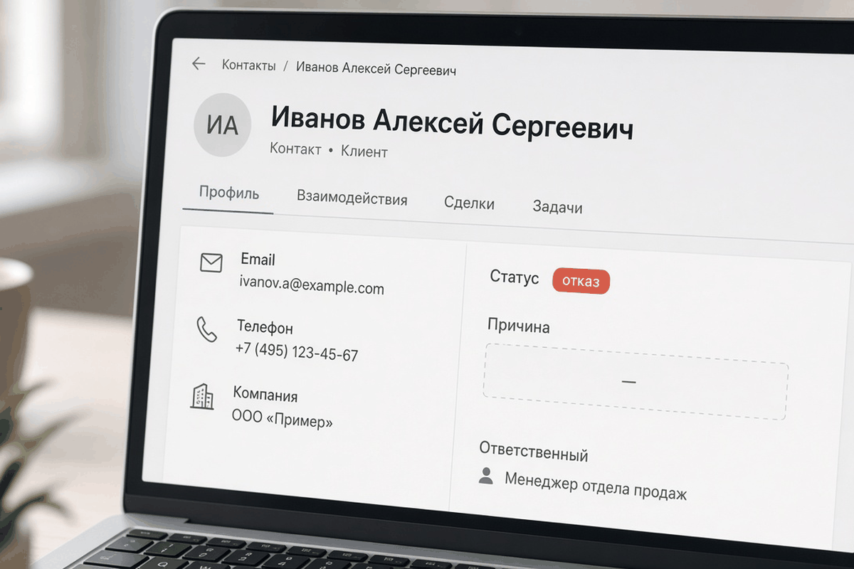 Карточка CRM: статус отказ без причины
