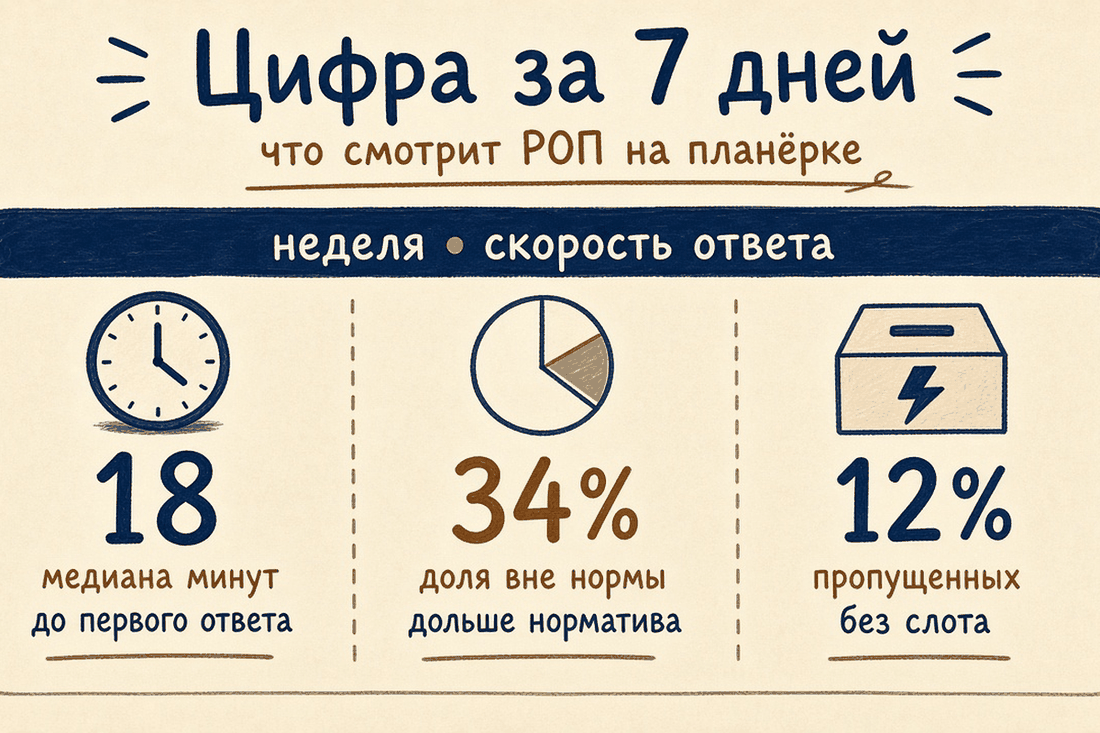 За 7 дней: медиана минут, доля вне нормы, процент пропущенных без слота